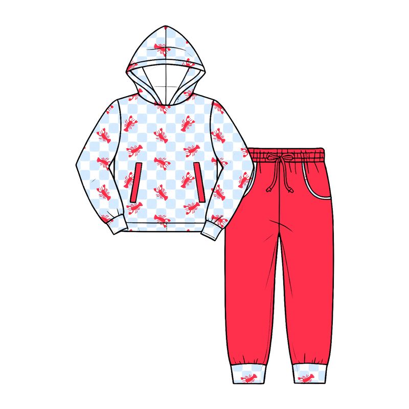 ( Moq 5 ) Preorder Baby Boys Kids Crayfish Checked Hoodie Pullover Pockets Pants Set Clothes