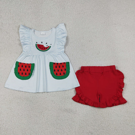 Baby Girls Kids Embroidery Watermelon Pockets Stripes Tunic Red Shorts Set Clothes RTS