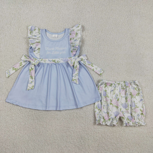 Baby Girls Kids Thank Heaven Bows Blue Tunic Floral Shorts Clothes Set RTS