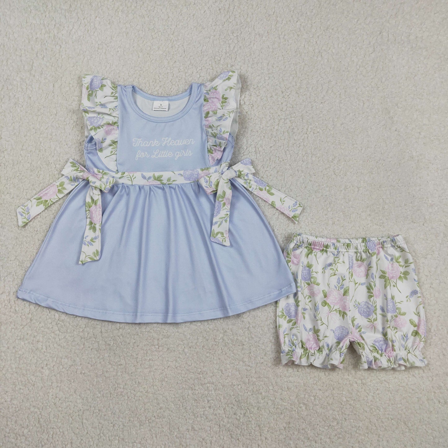 Sibling Baby Girls Kids Thank Heaven Bows Blue Tunic Floral Shorts Set Romper Clothes RTS