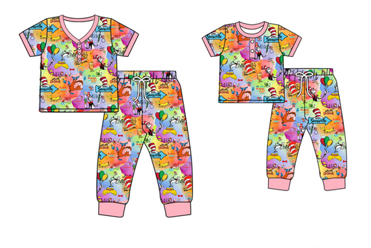 Baby Girl Toddler Adult Women Short Sleeves Dr Reading Pants Sibling Family Shorts Pajamas Set ( Moq 5 Each Style )11.28