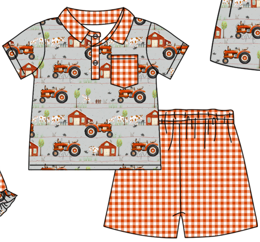 Baby Boy Girl Farm Tractor Cow Sibling Matching Green Dress Romper Clothes Set ( Moq 5 Each style )