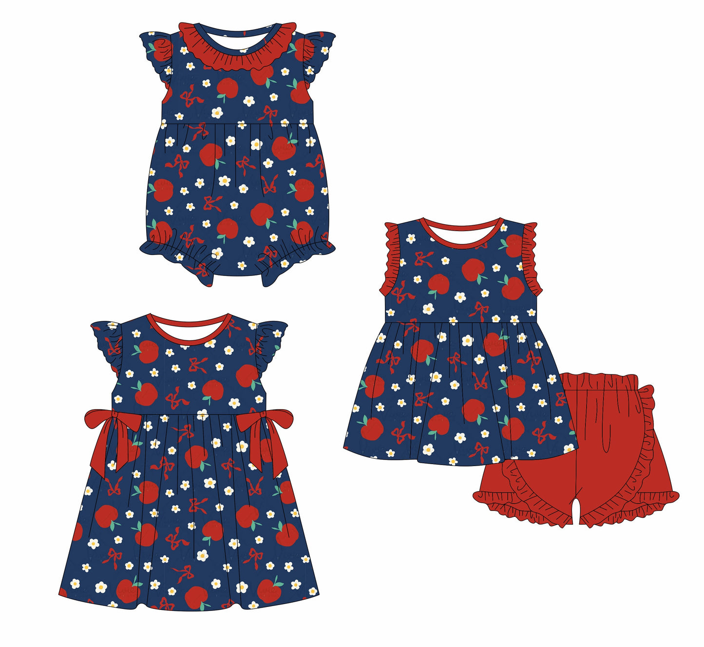 Baby Girl Back To School Apple Flower Bows Sibling Dress Romper Set ( Moq 5 Each Style ) 1.4