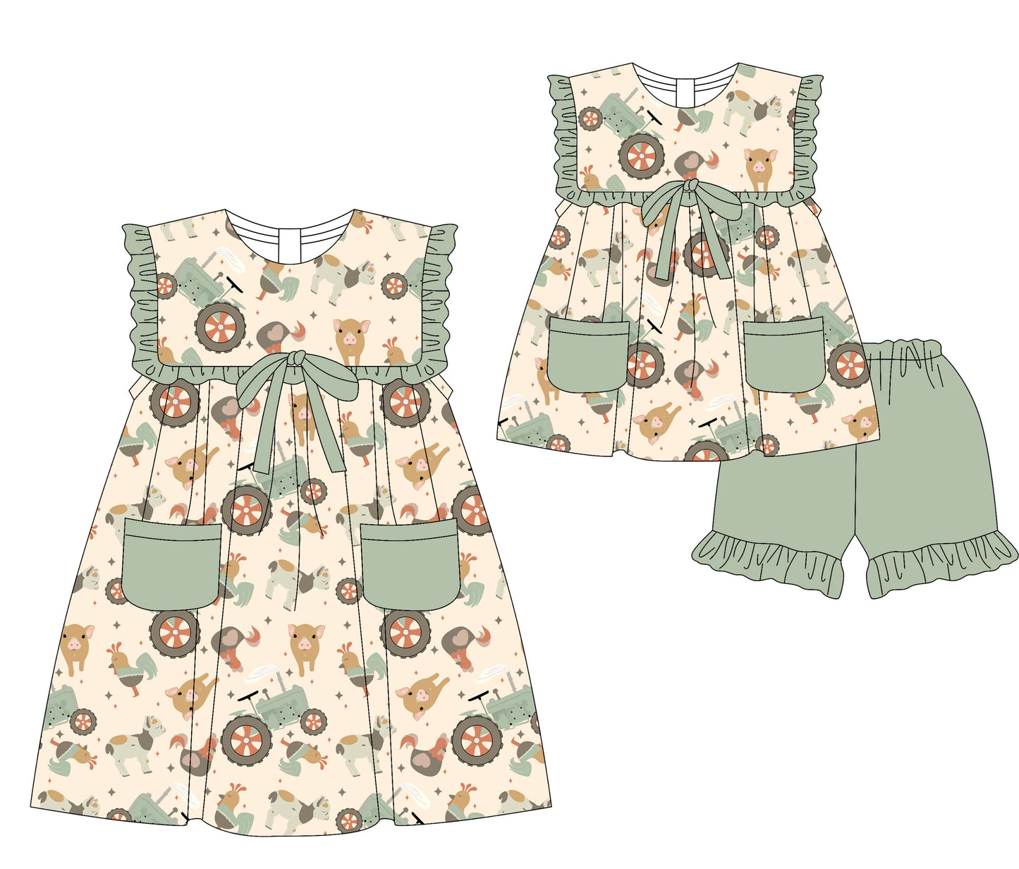 Baby Girl Farm Trucks Pockets Sibling Dress Set ( Moq 5 Each Style ) 3.17