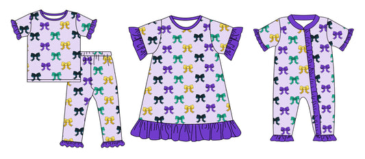 Baby Girl Short Sleeves Mardi Gras Bows Sibling Romper Dress Clothes Set ( Moq 5 Each Design )12.4