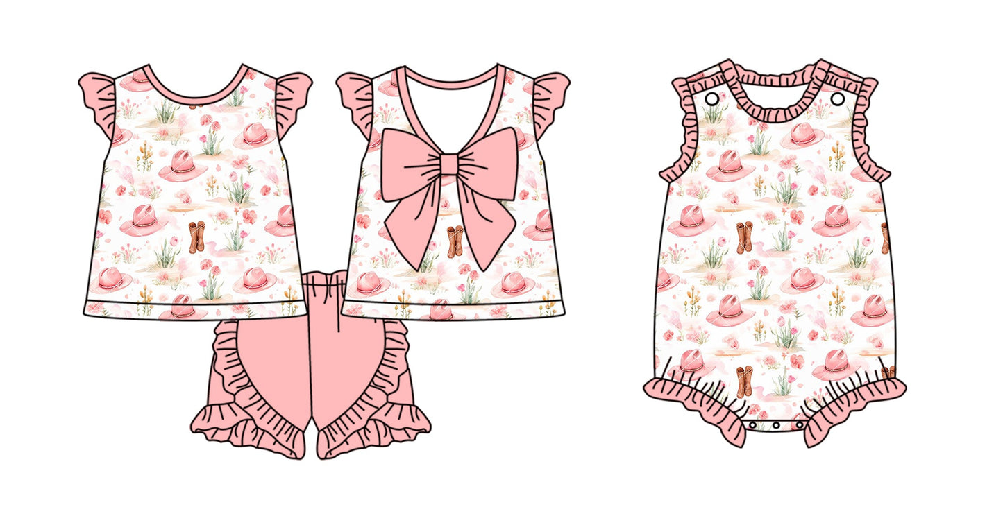 Baby Girl Western Flower Hats Pink Bow Sibling Romper Set ( Moq 5 Each Style ) 2.10