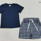 Baby Boys Kids Navy Short Sleeves Shirt Plaid Pockets Shorts Summer Clothes Set RTS
