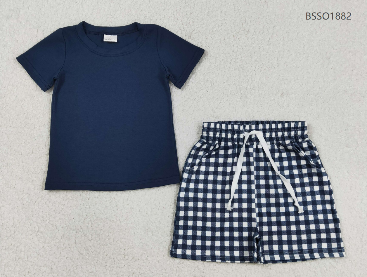 Baby Boys Kids Navy Short Sleeves Shirt Plaid Pockets Shorts Summer Clothes Set RTS