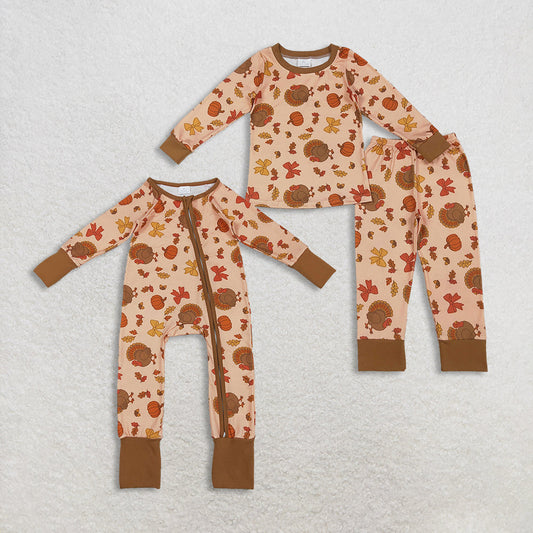 Sibling Girls Kids turkey Pumpkin Bows Fall Thanksgiving Footie Zipper Romper Pajamas Set RTS