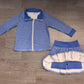 ( No moq ) Preorder Baby Girls Kids Long Sleeves Blue Plaid Zipper Tops Skirt Shorts Set Yoga Active Clothes