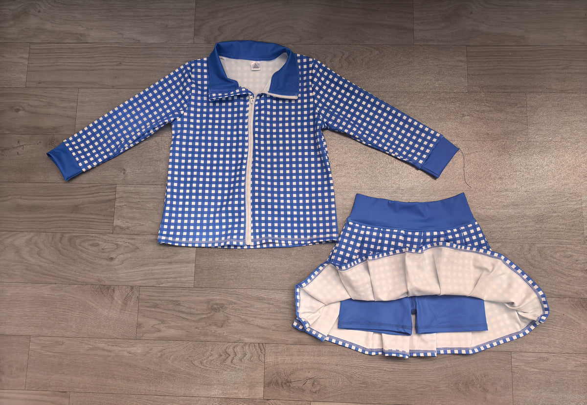 ( No moq ) Preorder Baby Girls Kids Long Sleeves Blue Plaid Zipper Tops Skirt Shorts Set Yoga Active Clothes