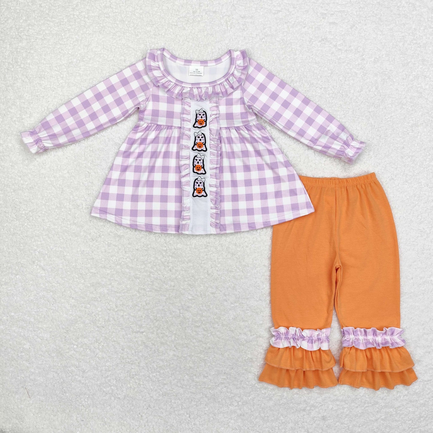 Baby Girl Purple Checkered Embroidery Ghost Tunic Orange Pants Halloween Set