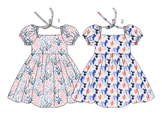 ( Moq 5 Each Style ) Sibling Baby Girls Kids Short Sleeves Cactus Summer Knee Length Dresses