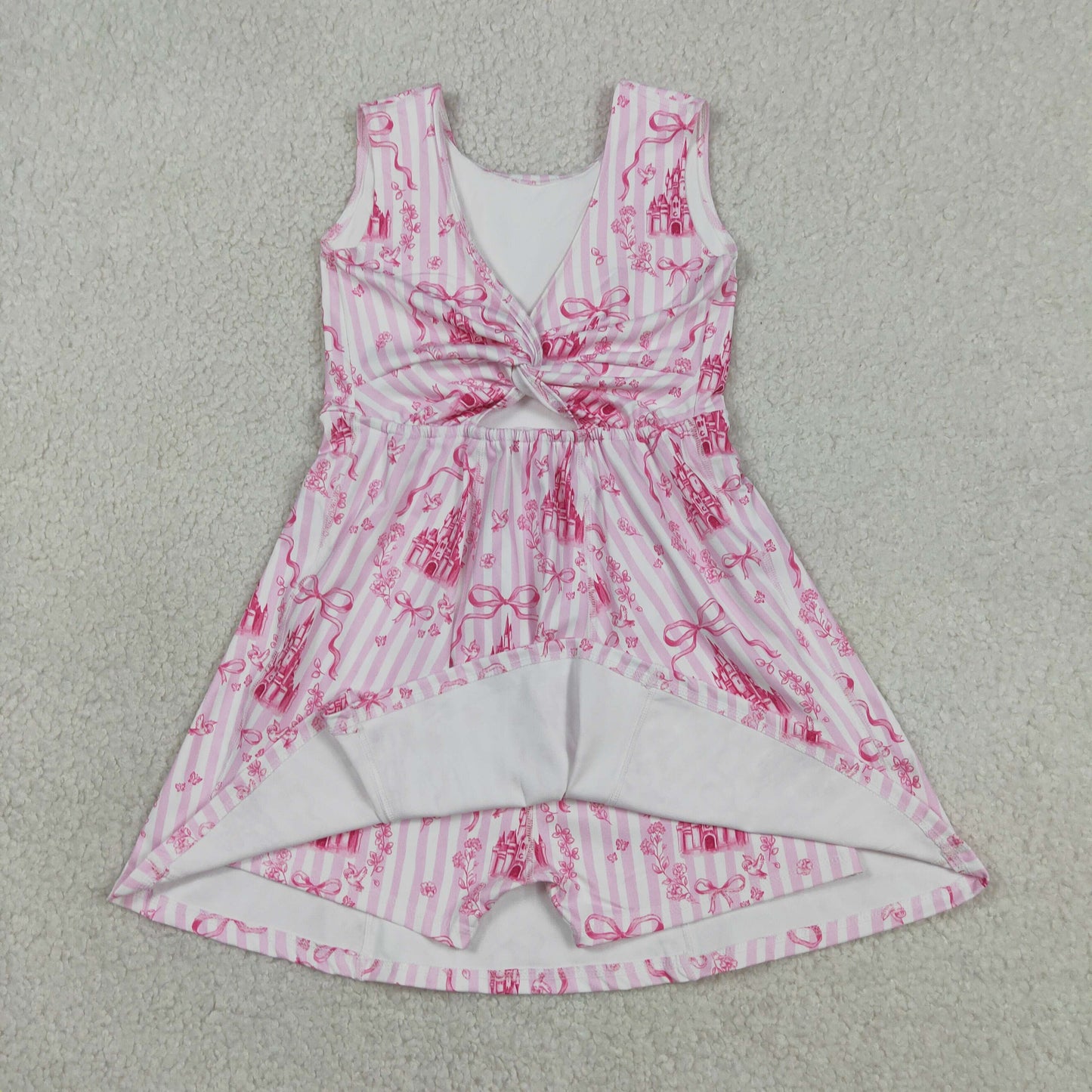Baby Girls Kids Sleeveless Castles Bows Floral Shorts Knee Length Pink Dress RTS