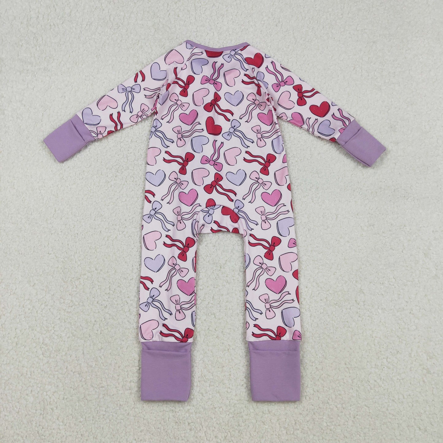 Baby Girls Long Sleevses Hearts Bows Valentine Purple Zipper Sleeper Romper RTS