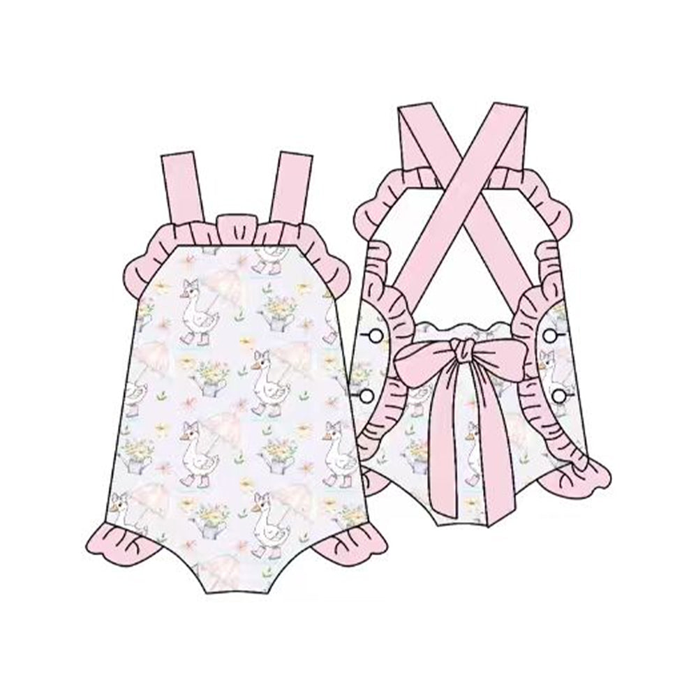 ( Moq 5 ) Preorder Baby Girls Infant Goose Flower Bows Ruffle Bubble Romper