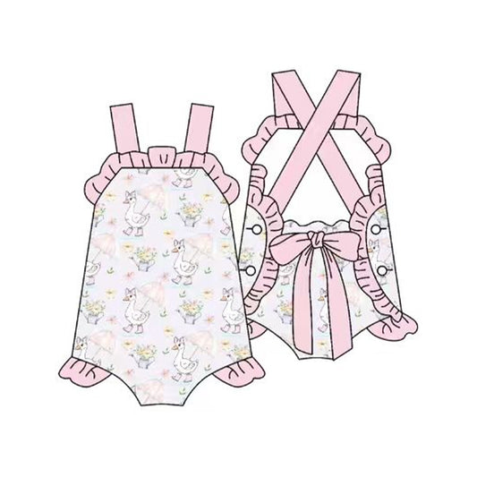 ( Moq 5 ) Preorder Baby Girls Infant Goose Flower Bows Ruffle Bubble Romper