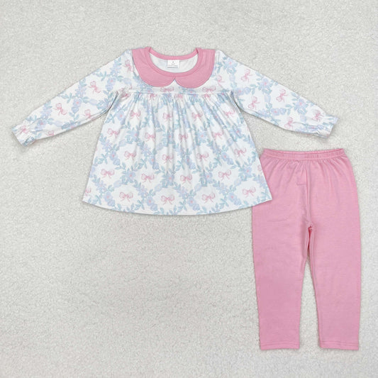 Baby Girl Long Sleeves Flower Bows Tunic Pink Cotton Legging Clothes Set