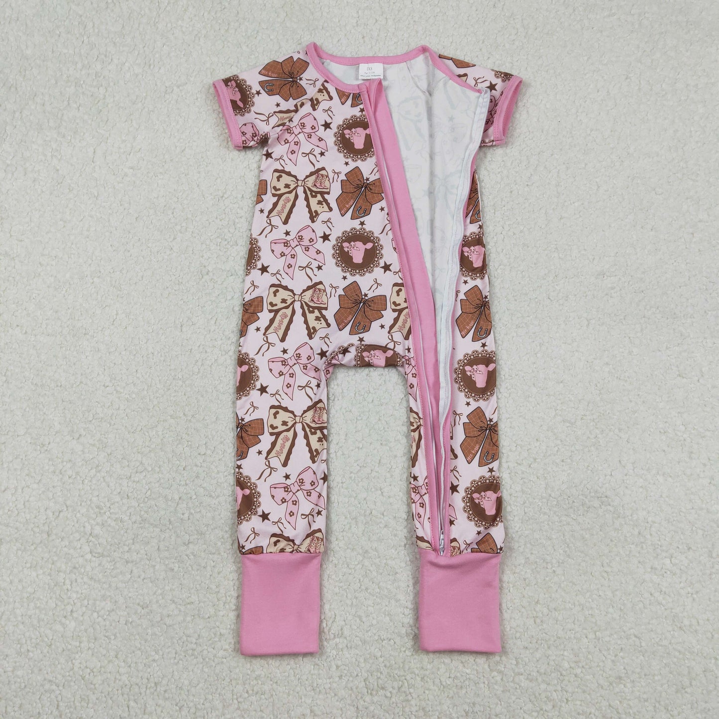 Baby Girls Short Sleeves Bows Boots Zipper Western Pink Romper RTS