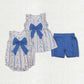 Sibling Baby Girl Sleeveless Floral Stripes Bow Blue Summer Romper Set RTS