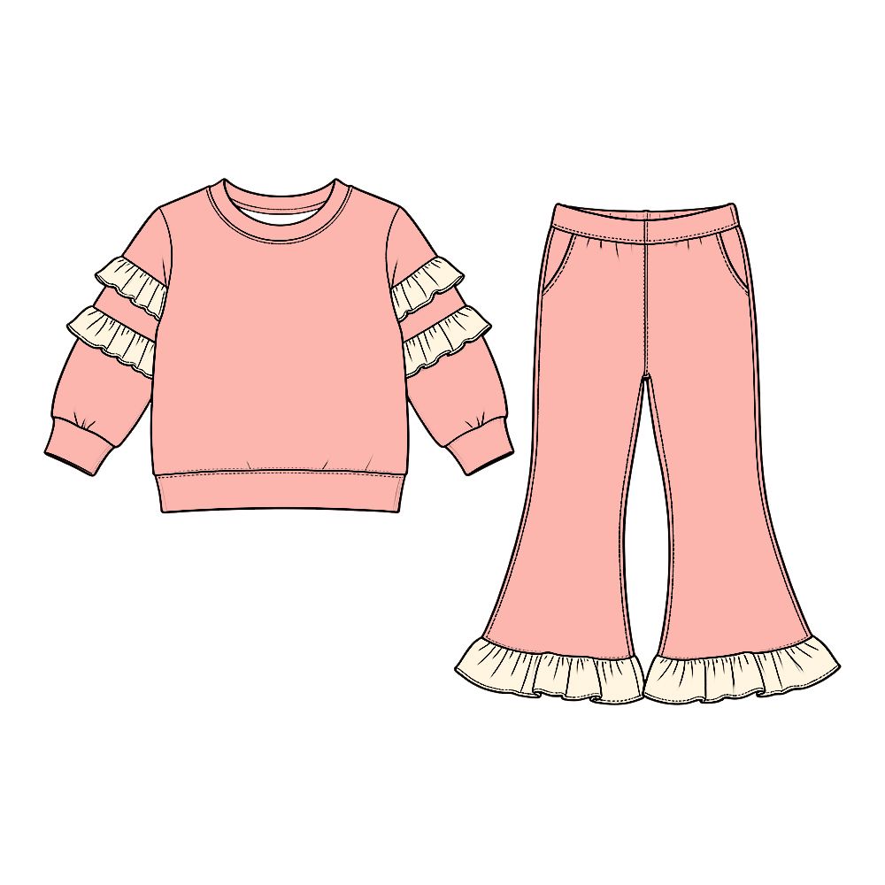( Moq 5 ) Preorder Baby Girls Kids Ruffle Long Sleeves Shirt Pockets Pants Cotton Set Pink Clothes