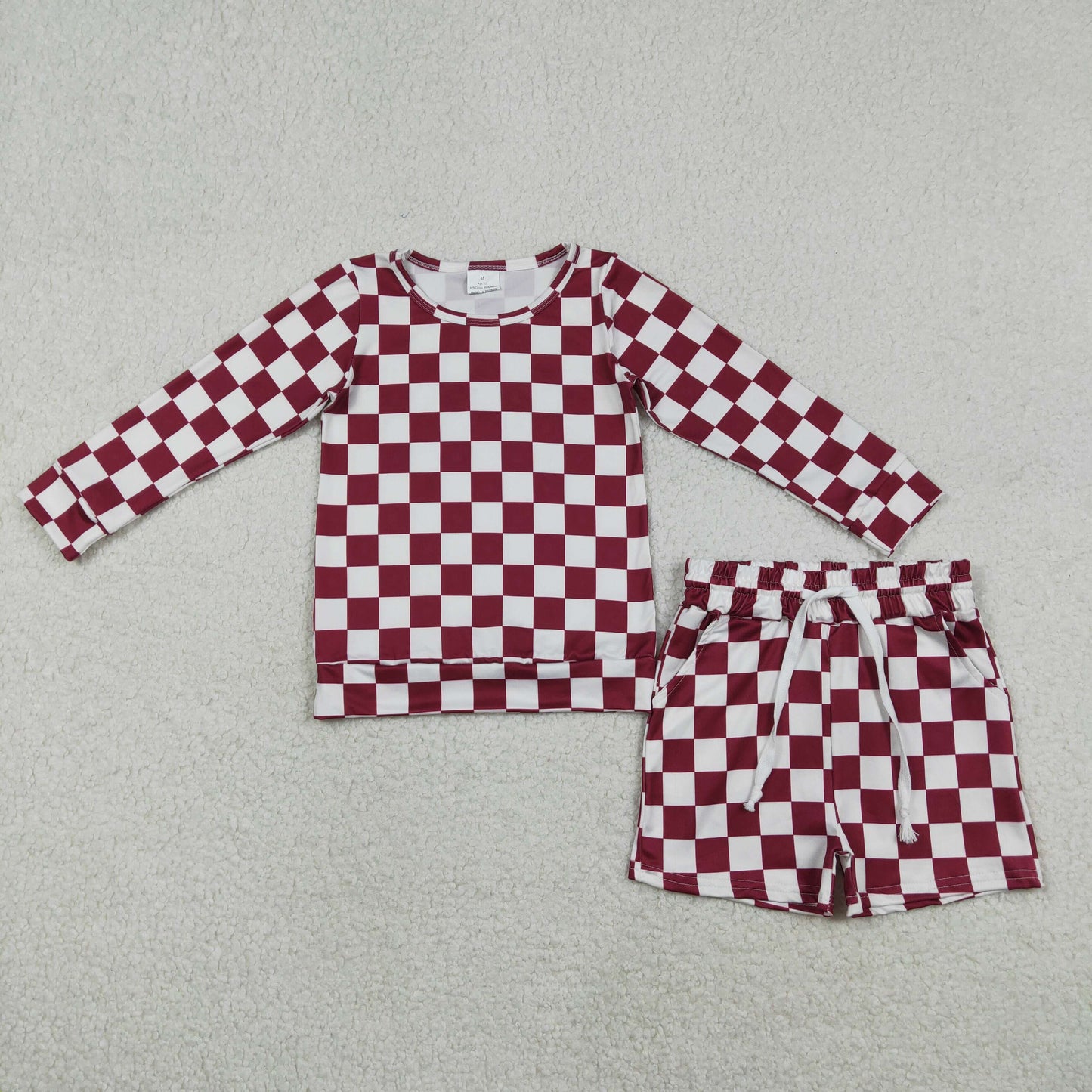 Baby Girls Long Sleeves Dark Red Checked Shirt Pockets Shorts Clothes Set RTS