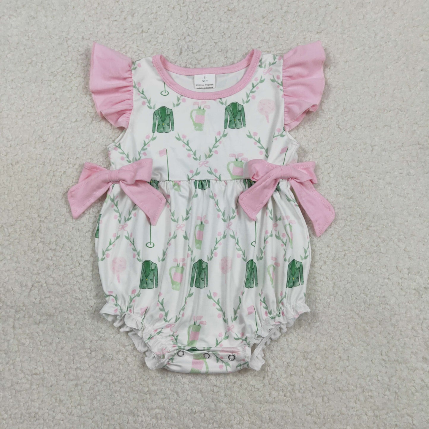 Baby Girls Infant Short Sleeves Golf Floral Pink Bows Bubble Romper RTS