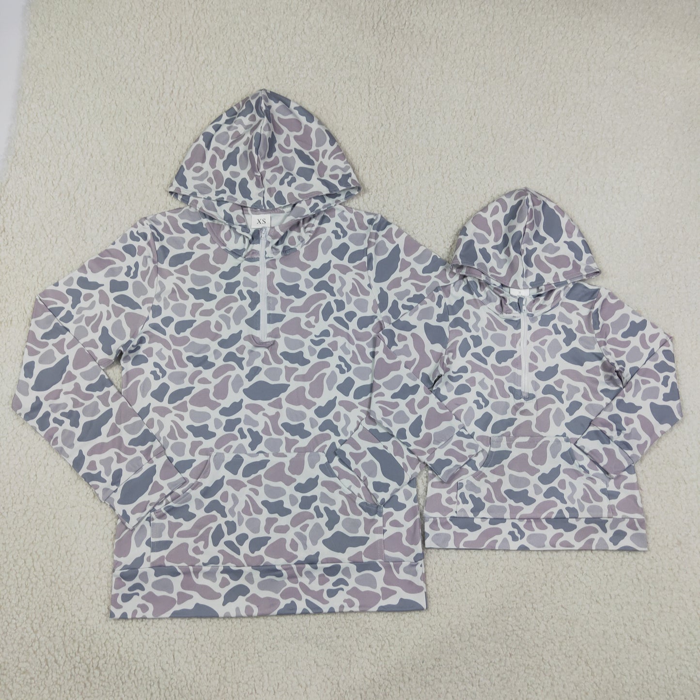 Sibling Baby Boys Adult Woman Grey Camo Zipper Hoodie Pockets Hunting Pullovers Shorts RTS
