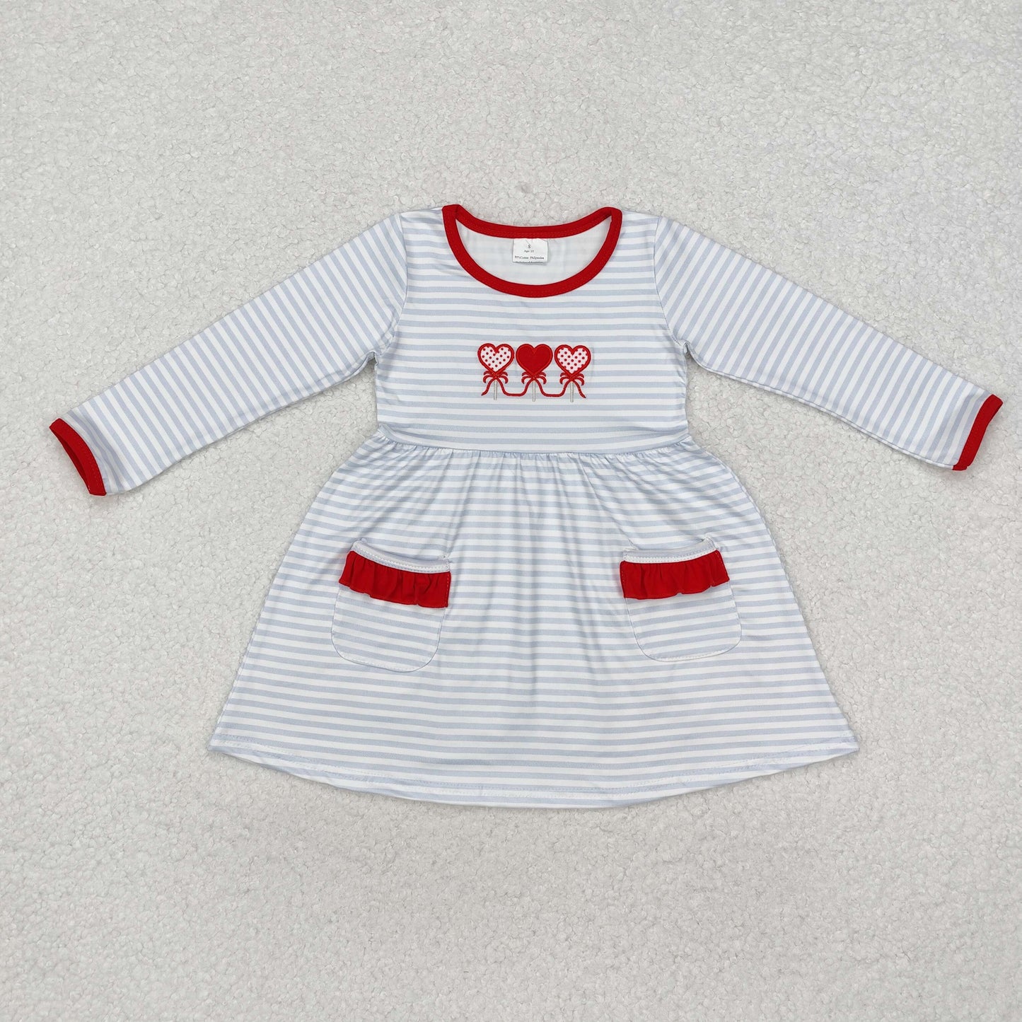 Baby Girl Long Sleeves Embroidery Valentines Hearts Stripes Pocket Dress