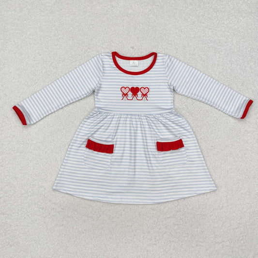 Baby Girl Long Sleeves Embroidery Valentines Hearts Stripes Pocket Dress