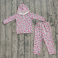 Girls Kids Long Sleeves Pink Bows Leopard Hoodie Shirt Pockets Pants Clothes Set RTS