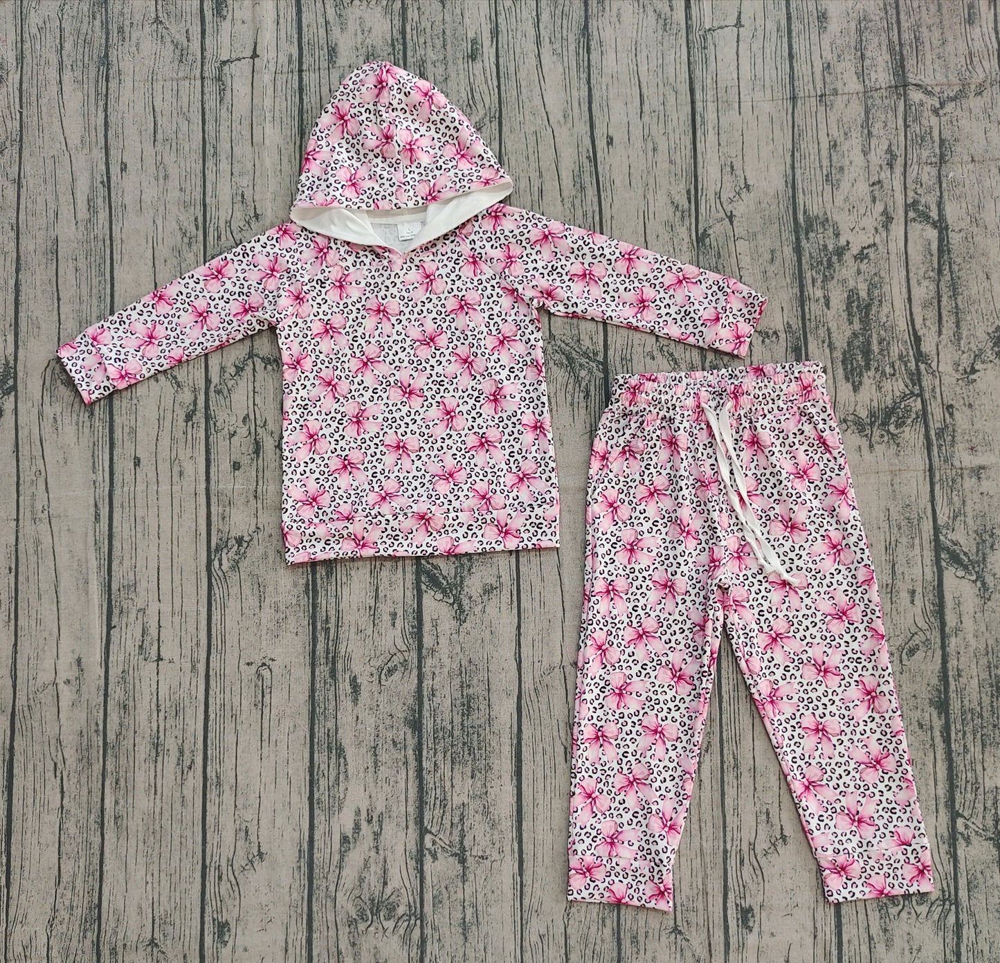 Girls Kids Long Sleeves Pink Bows Leopard Hoodie Shirt Pockets Pants Clothes Set RTS