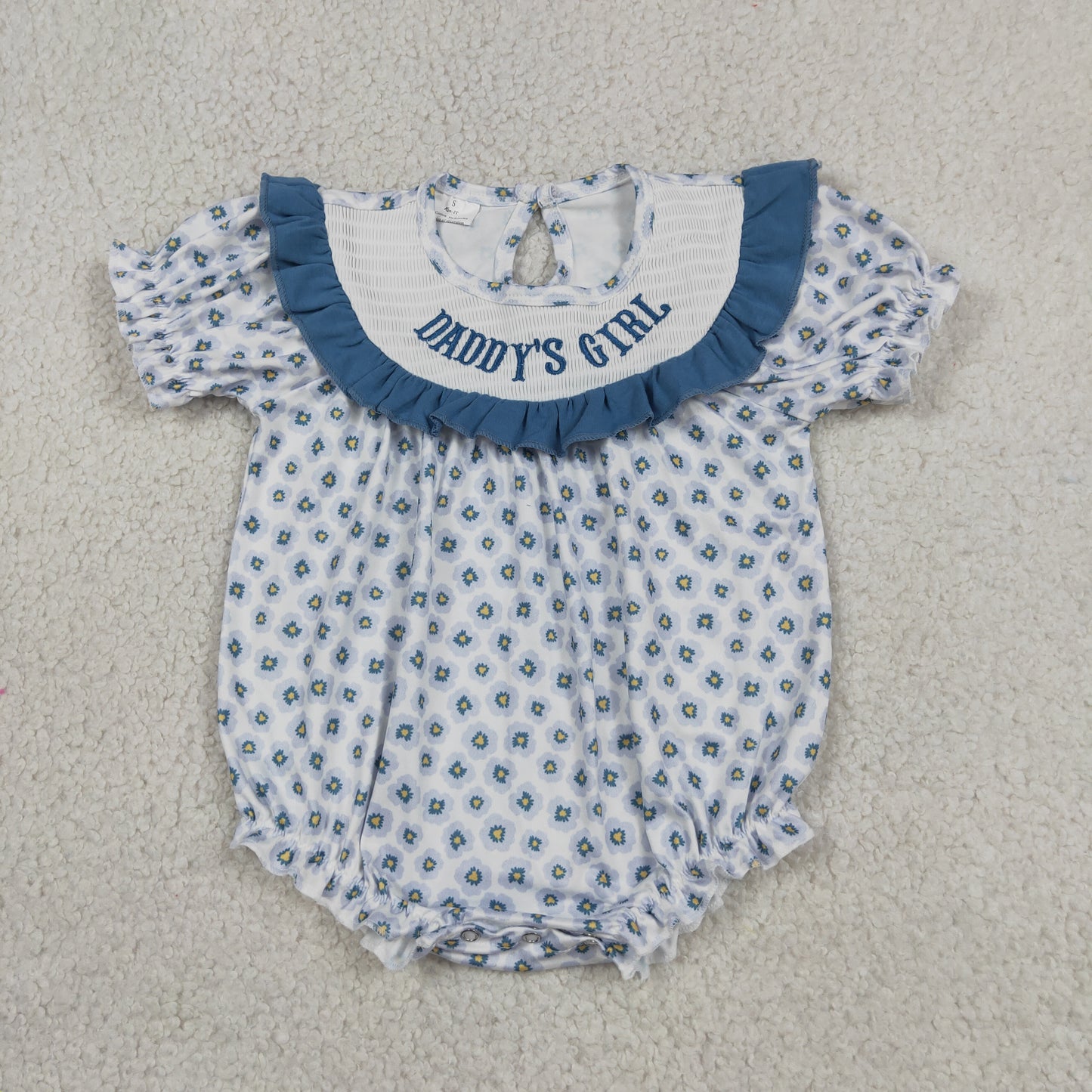 Baby Girls Infant Short Sleeves Embroidery Daddy's Girl Flower Smocked Romper RTS