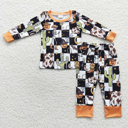 Boys Kids Halloween Cactus Cow Checked Sibling Zipper Romper Set Pajamas Clothes RTS