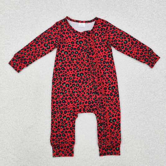 Baby Girl Infant Long Sleeves Christmas Red Green Leopard Zipper Romper