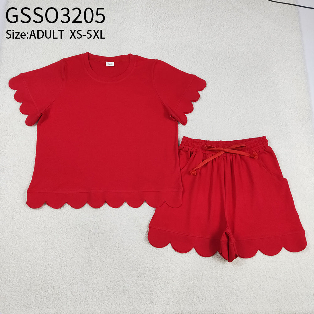 Adult Women Red Short Sleeves Scallop Shirt Shorts Pajamas Clothes Set RTS