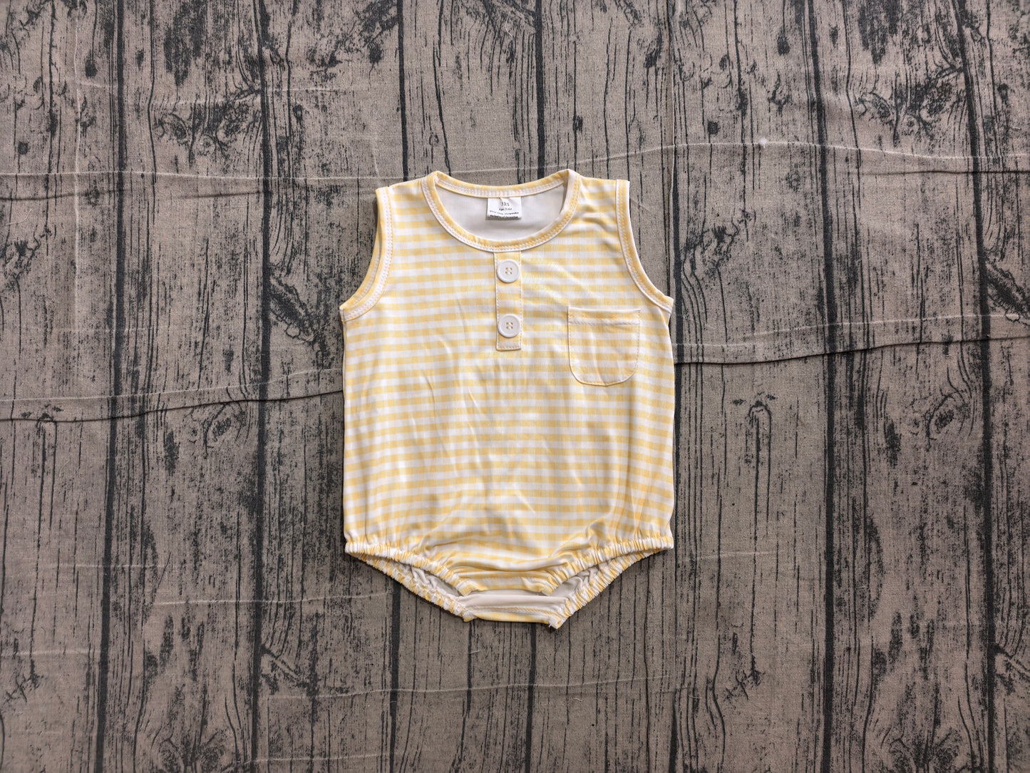( No moq ) Preorder Baby Boy Infant Sleeveless Yellow Plaid Pocket Summer Bubble Romper