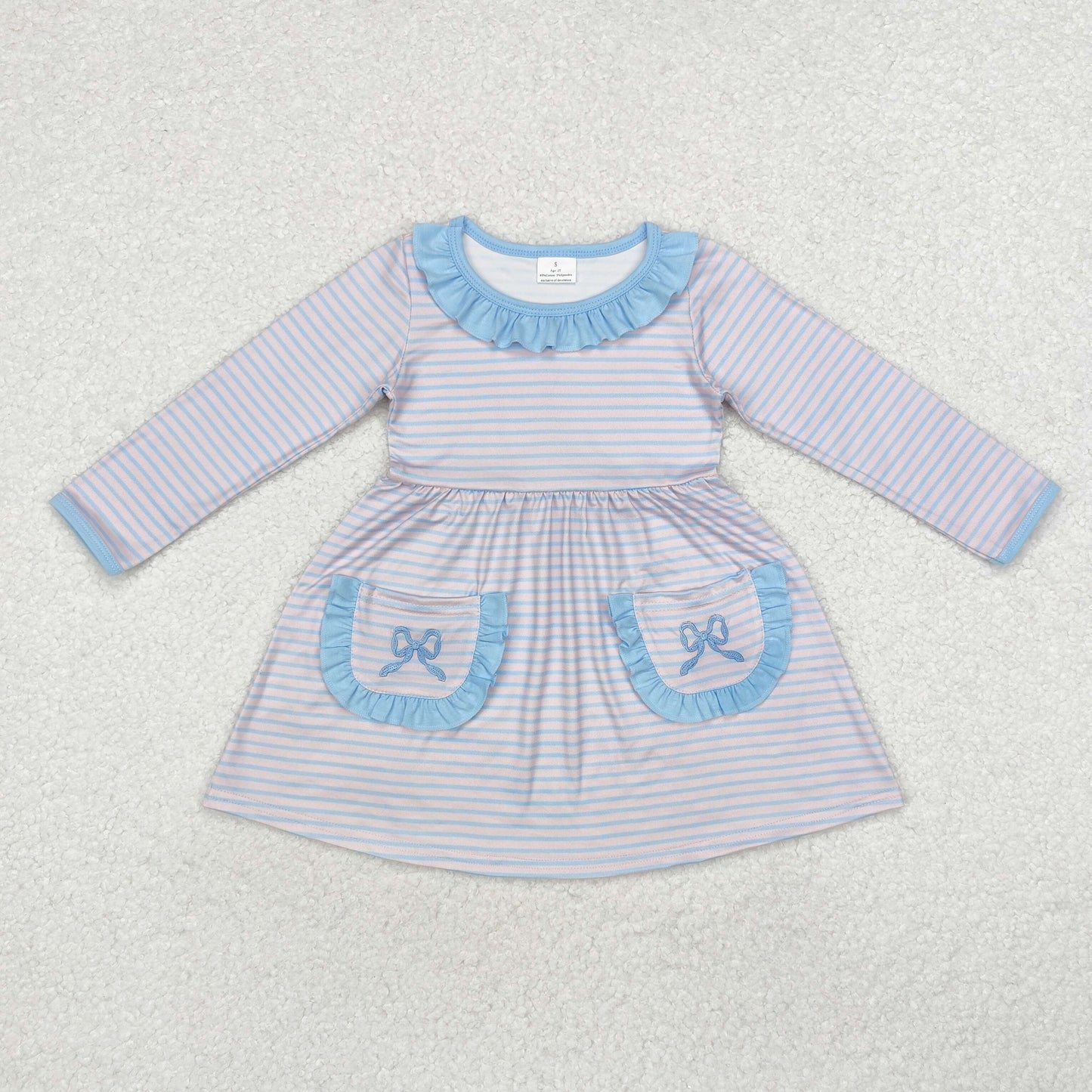 Baby Girl Long Sleeves Stripes Embroidery Bows Pockets Dress