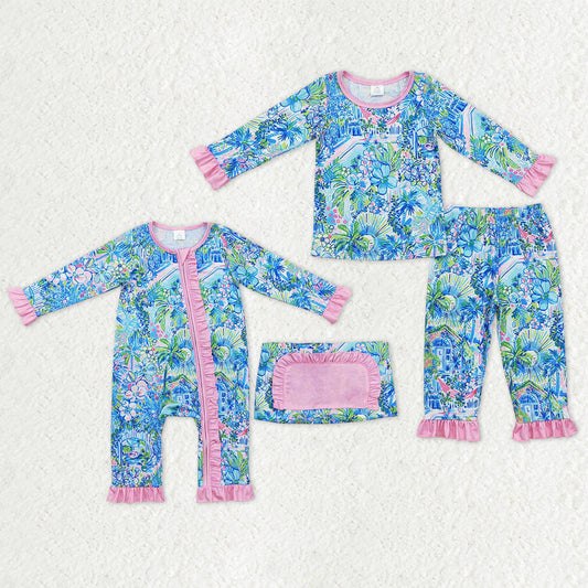 Sibling Baby Girls Kids Long Sleeves Flower House Zipper Romper Pajamas Set RTS