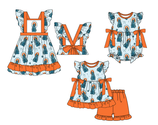 Baby Girl Princess Sibling Summer Orange Bows Romper Dress Clothes Set ( Moq 5 Each Design )11.23