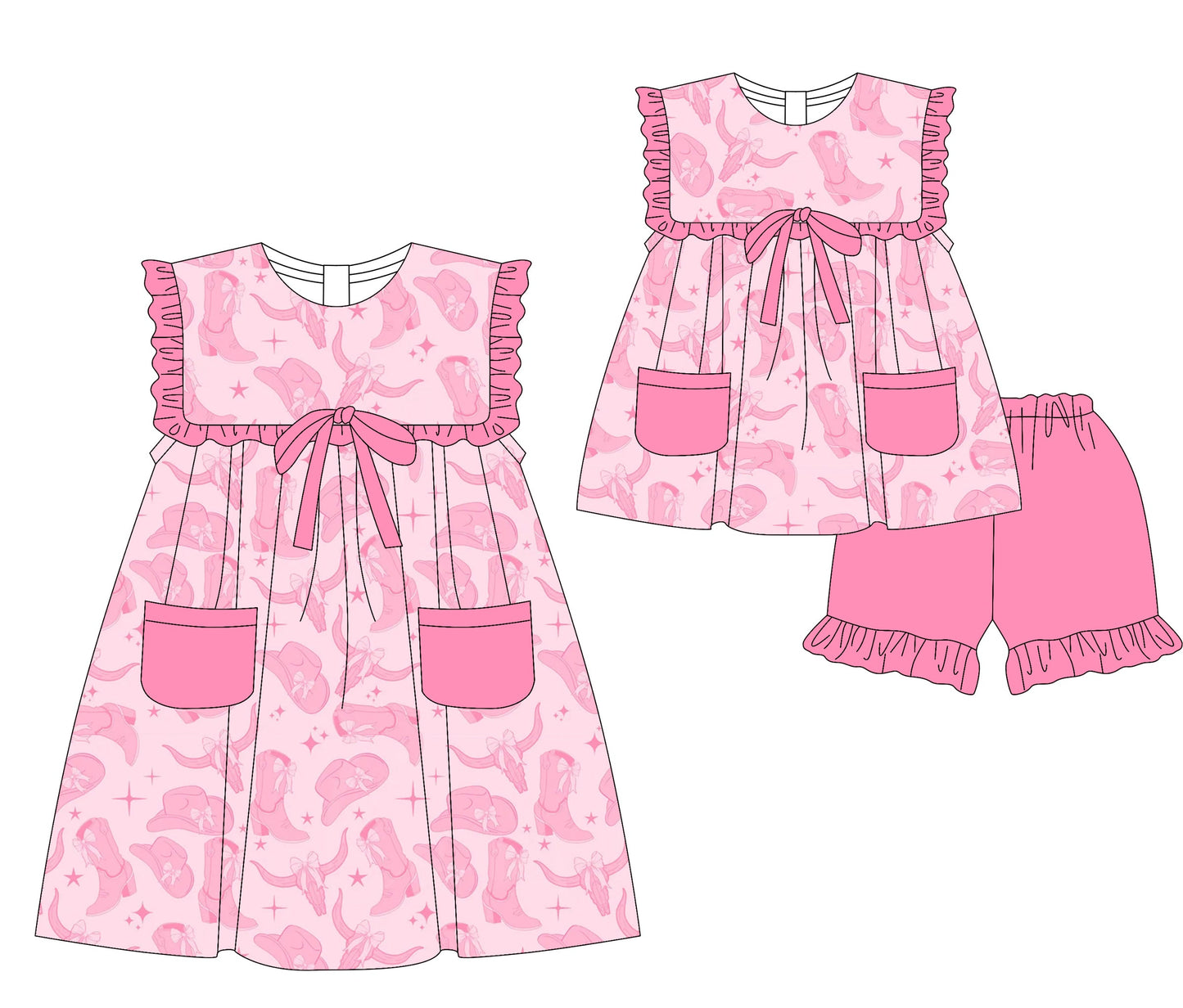 Baby Girl Western Cow Boots Pink Pockets Sibling Dress Set ( Moq 5 Each Style ) 3.17