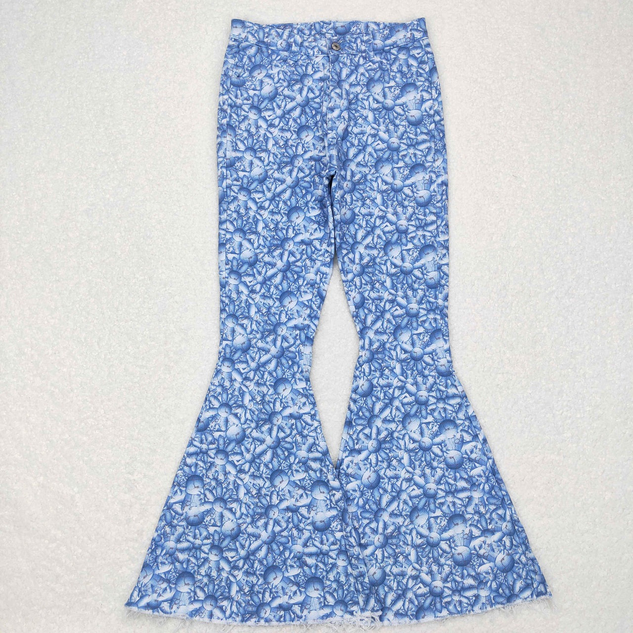 P0297 Adult Women Blue Floral Denim Jeans Bell Pants