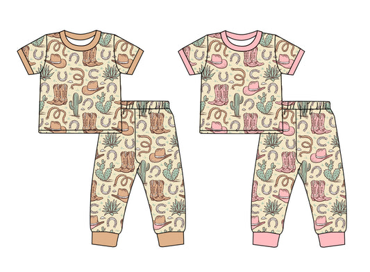 Baby Boy Girl Short Sleeves Western Boots Hats Sibling Pajamas Clothes Set ( Moq 5 Each Design )11.26