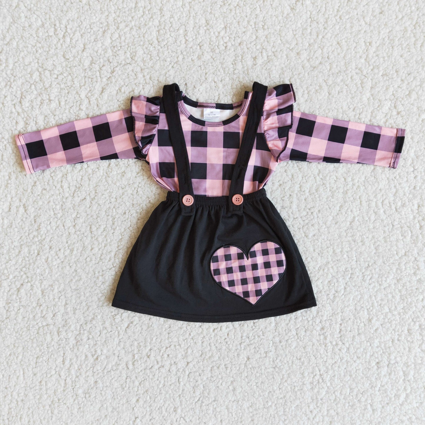 6 A28-30 Baby Girl Long Sleeves Plaid Shirt Embroidery Valentine's Heart Suspender Skirt Set