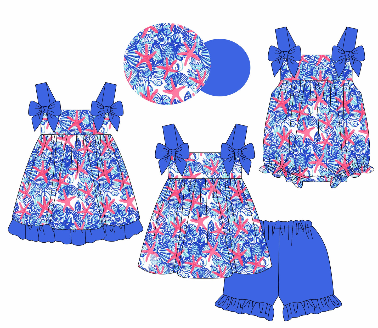 Baby Girl Straps Starfish Shell Blue Bows Sibling Romper Dress Set ( Moq 5 Each Style ) 1.24