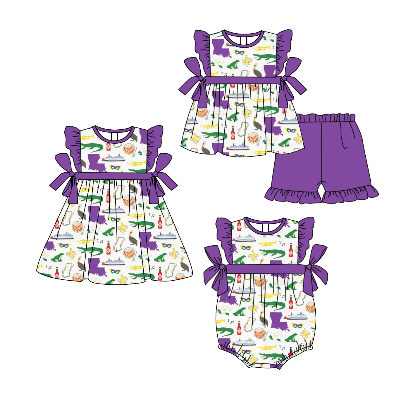 Baby Girl Short Sleeves Mardi Gras Sibling Romper Dress Clothes Set ( Moq 5 Each Design )12.4