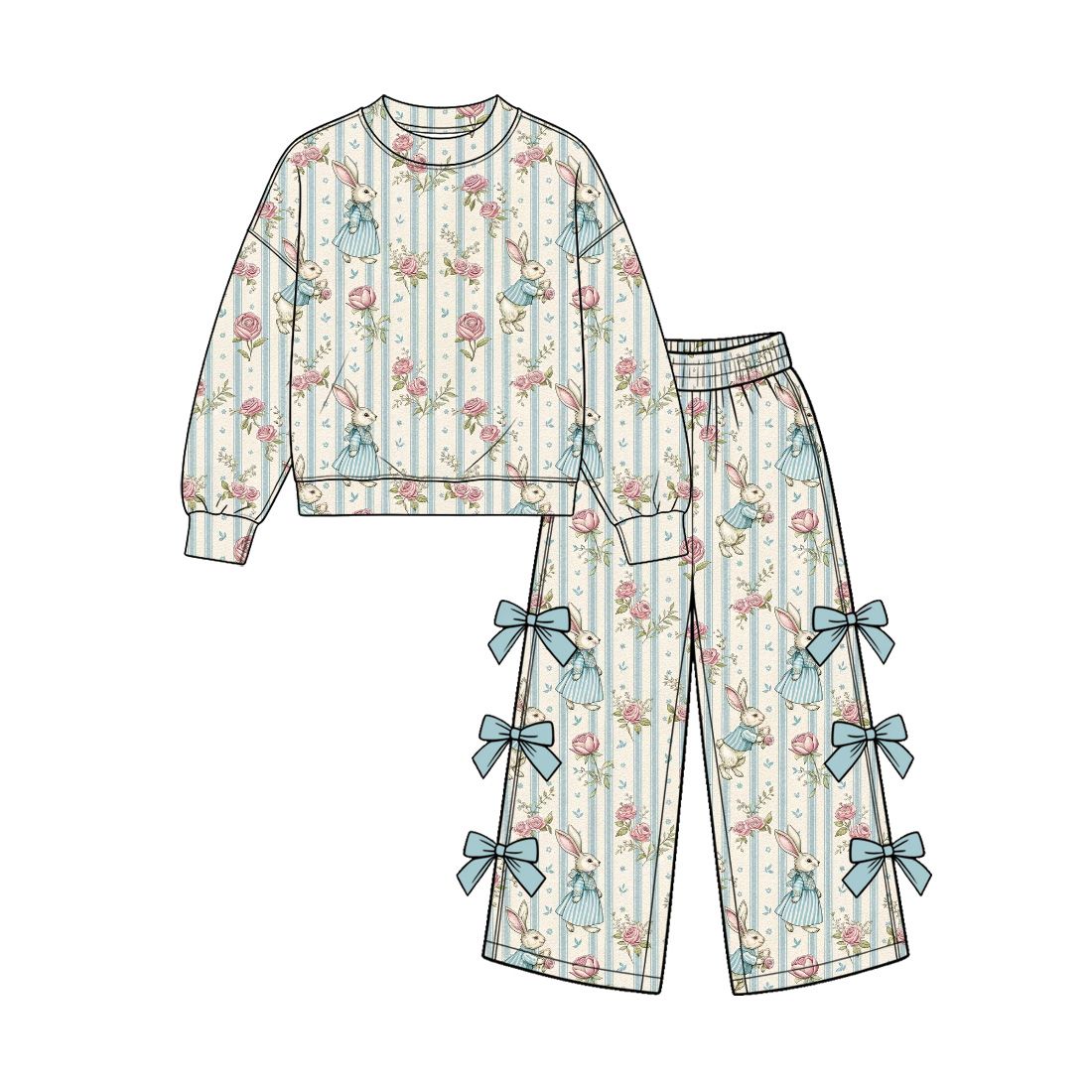 ( Moq 5 ) Preorder Baby Girls Kids Rabbits Flower Stripes Shirt Bows Pants Set Easter Clothes