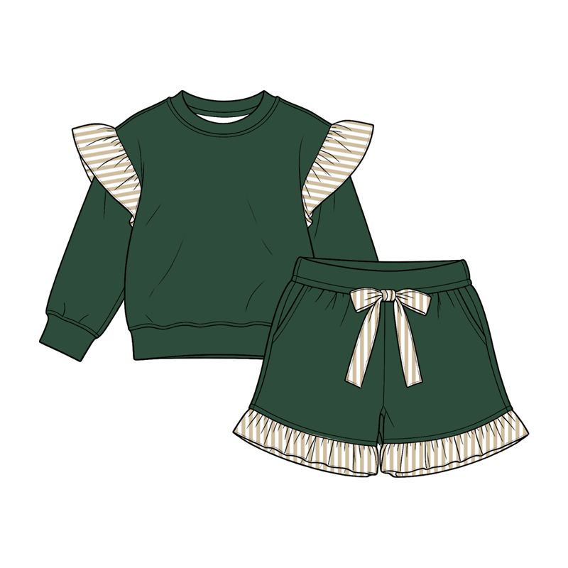 ( Moq 5 ) Preorder Baby Girls Kids Long Sleeves Tops Pockets Shorts Cotton Set Green Clothes