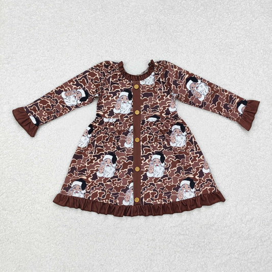 Baby Girl Long Sleeves Christmas Santa Buttons Camo Dress