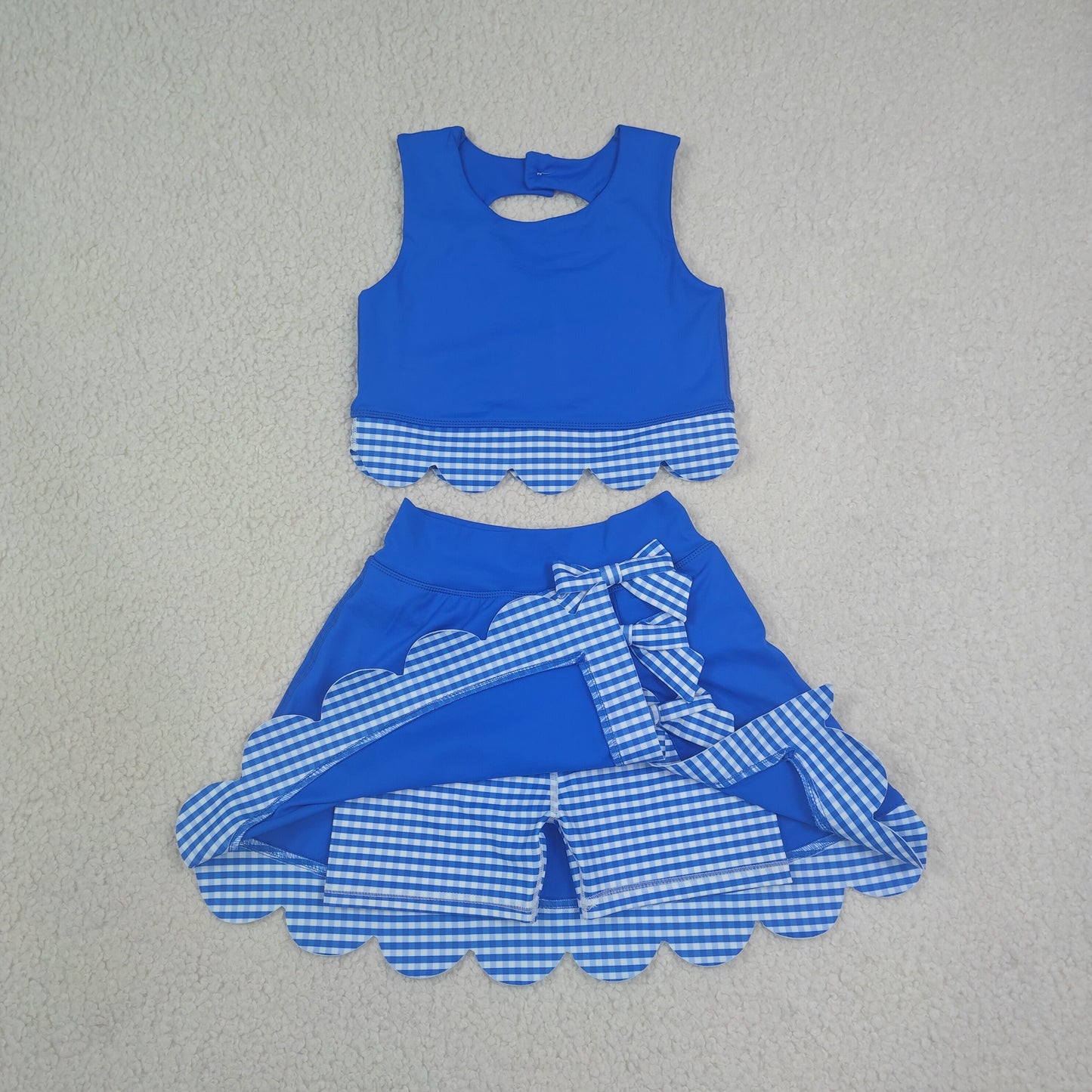 Baby Girls Kids Scallop Shirt Blue Plaid Bows Skirt Shorts Set Yoga Active Clothes RTS